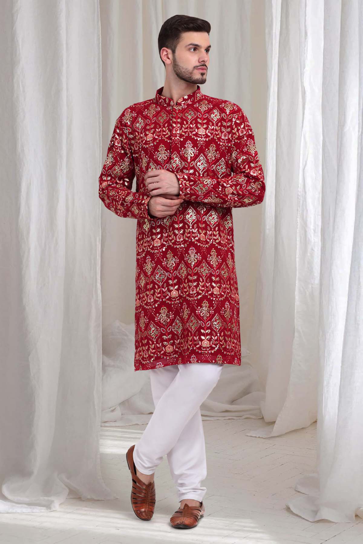 Floral Embroidered Red Kurta Set