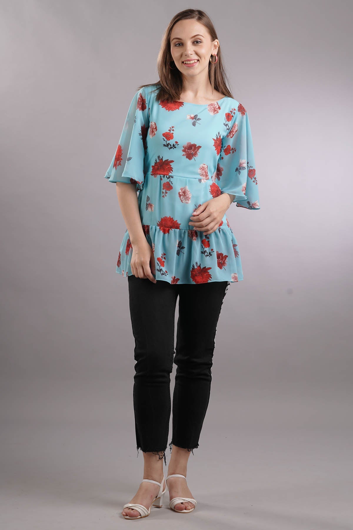 Buy 7teen12 Floral Flared & Tiered Top Online at ScrollnShops