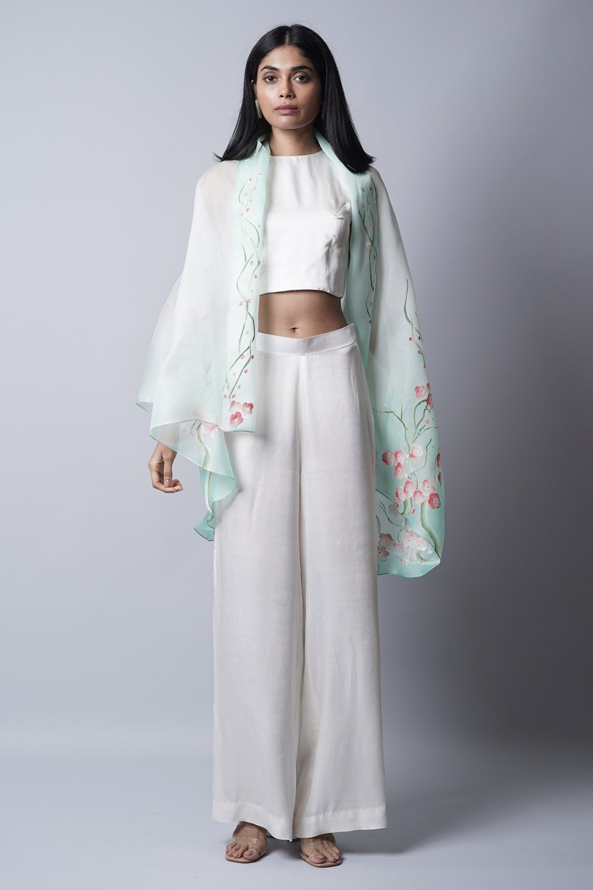 Buy Krishnamani Floral Handpainted Organza Cape Online