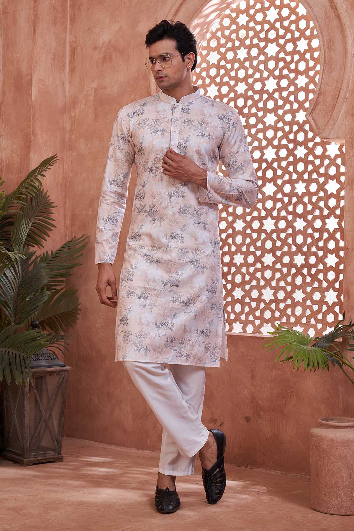 Buy Floral Leaf Cotton Print Kurta by SNEHA B - Men for online at ScrollnShops