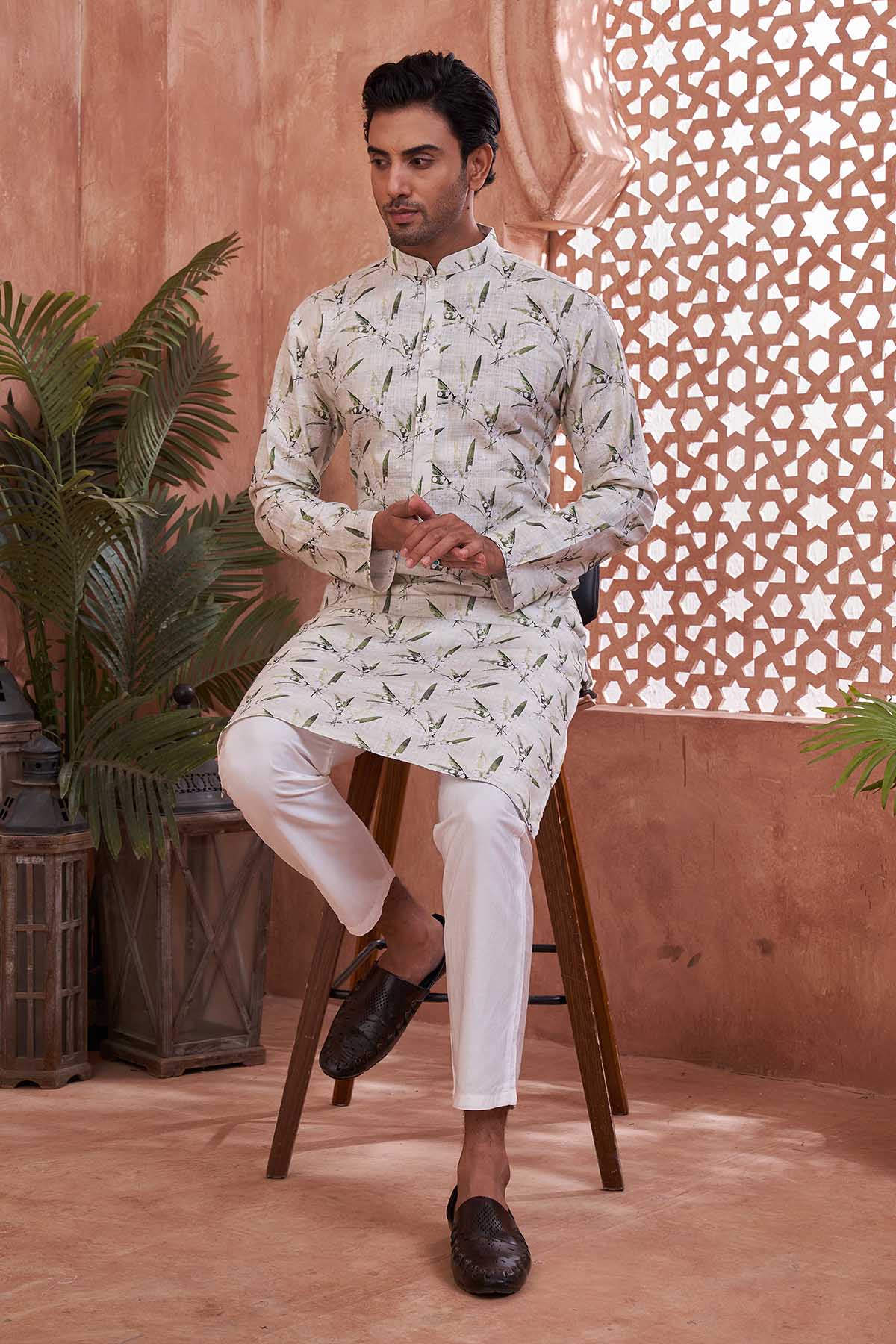 Buy Floral Leaf Print Cotton Kurta by SNEHA B - Men for online at ScrollnShops