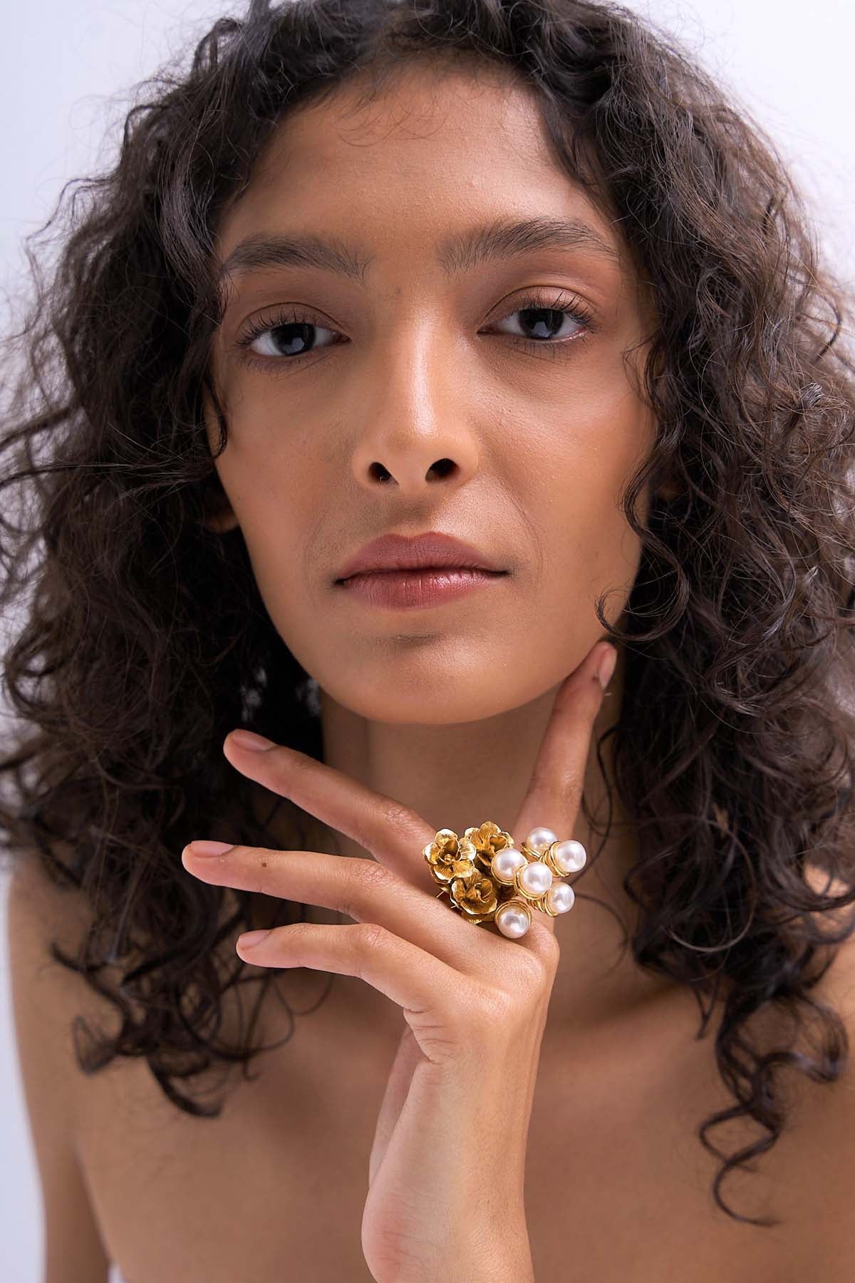 Buy RUHHEITE Floral Pearl Embellishsed Ring For Women by Esme Available Online at ScrollnShops