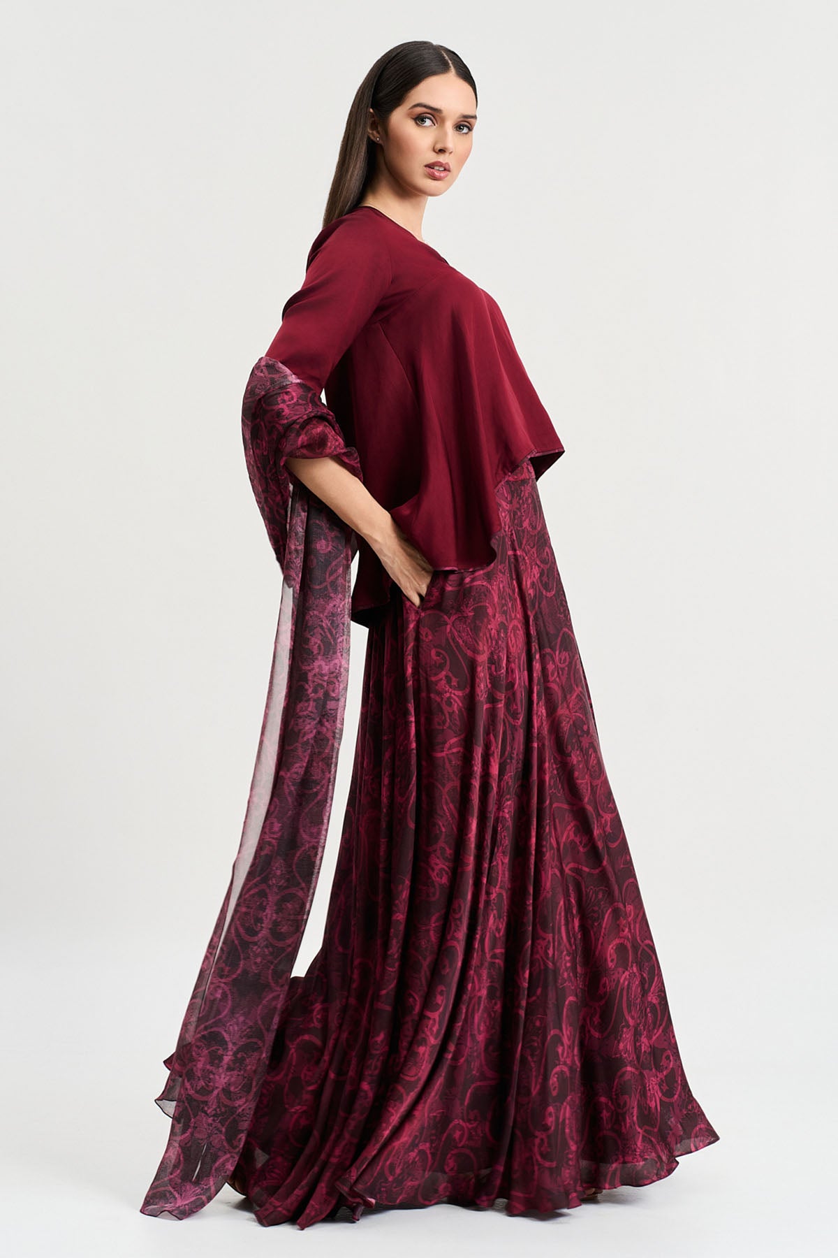 Floral Print Cherry Lehenga Set