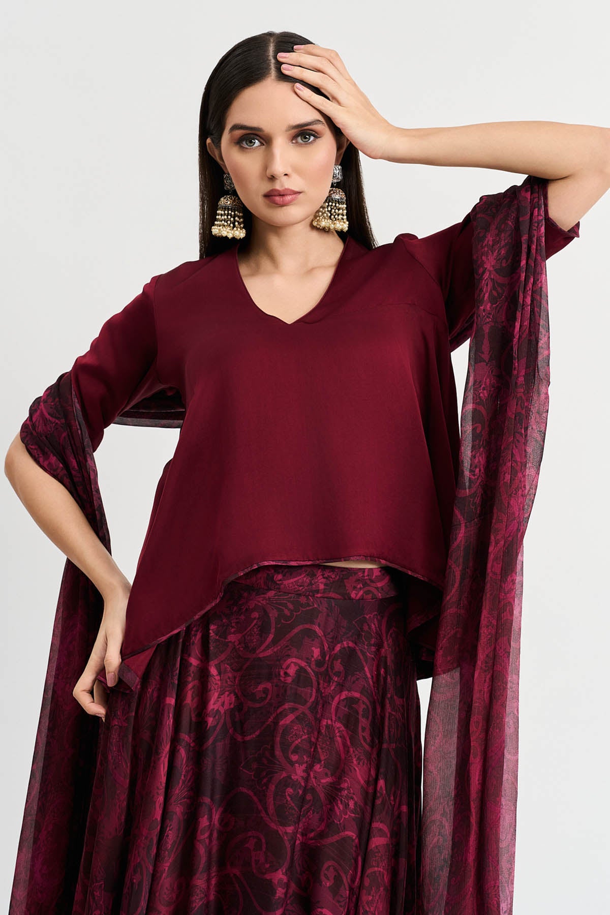 Floral Print Cherry Lehenga Set