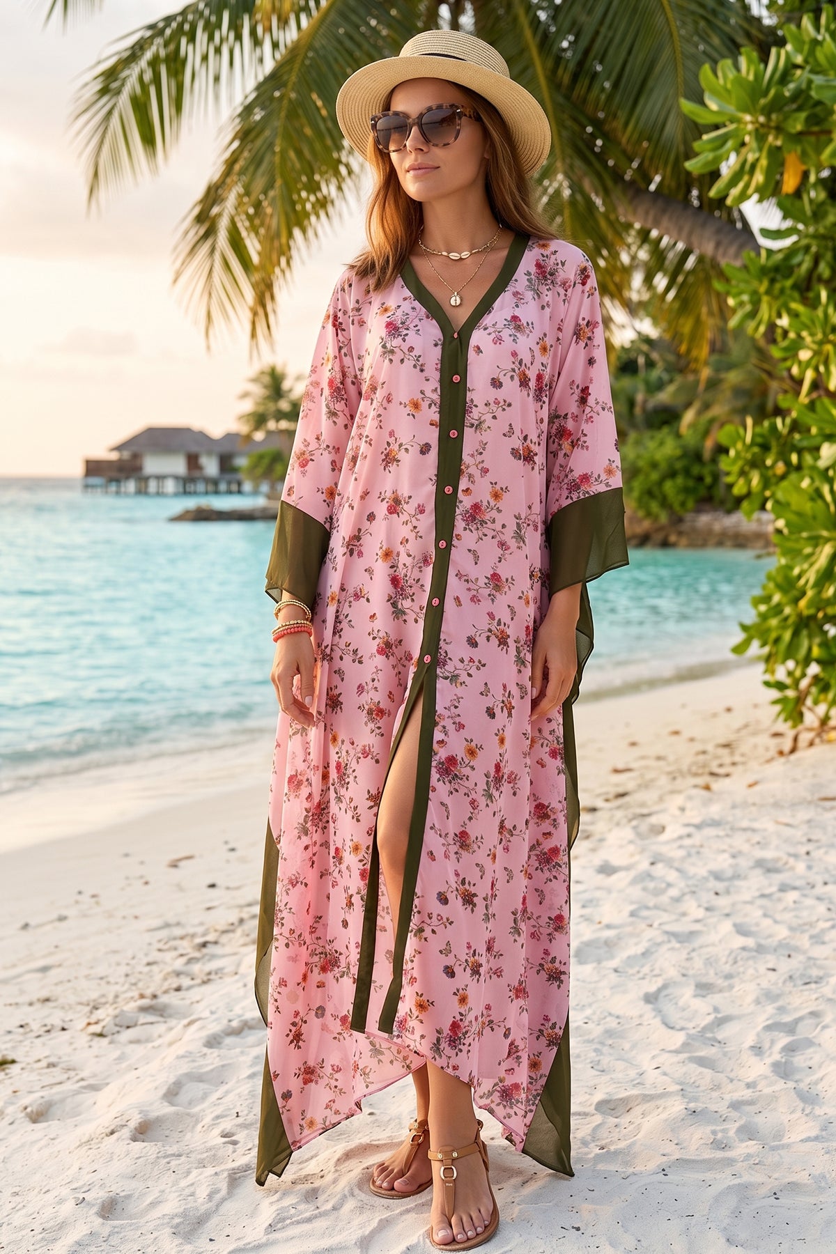 Floral Print Color Block Kaftan