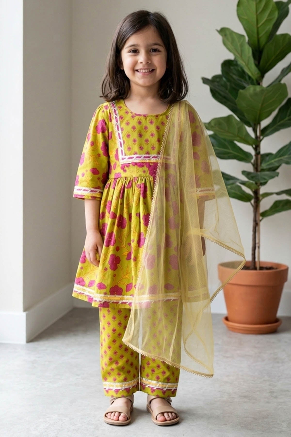 Buy Floral Print Green Anarkali Set for Kid by ViYa online available at scrollnshops