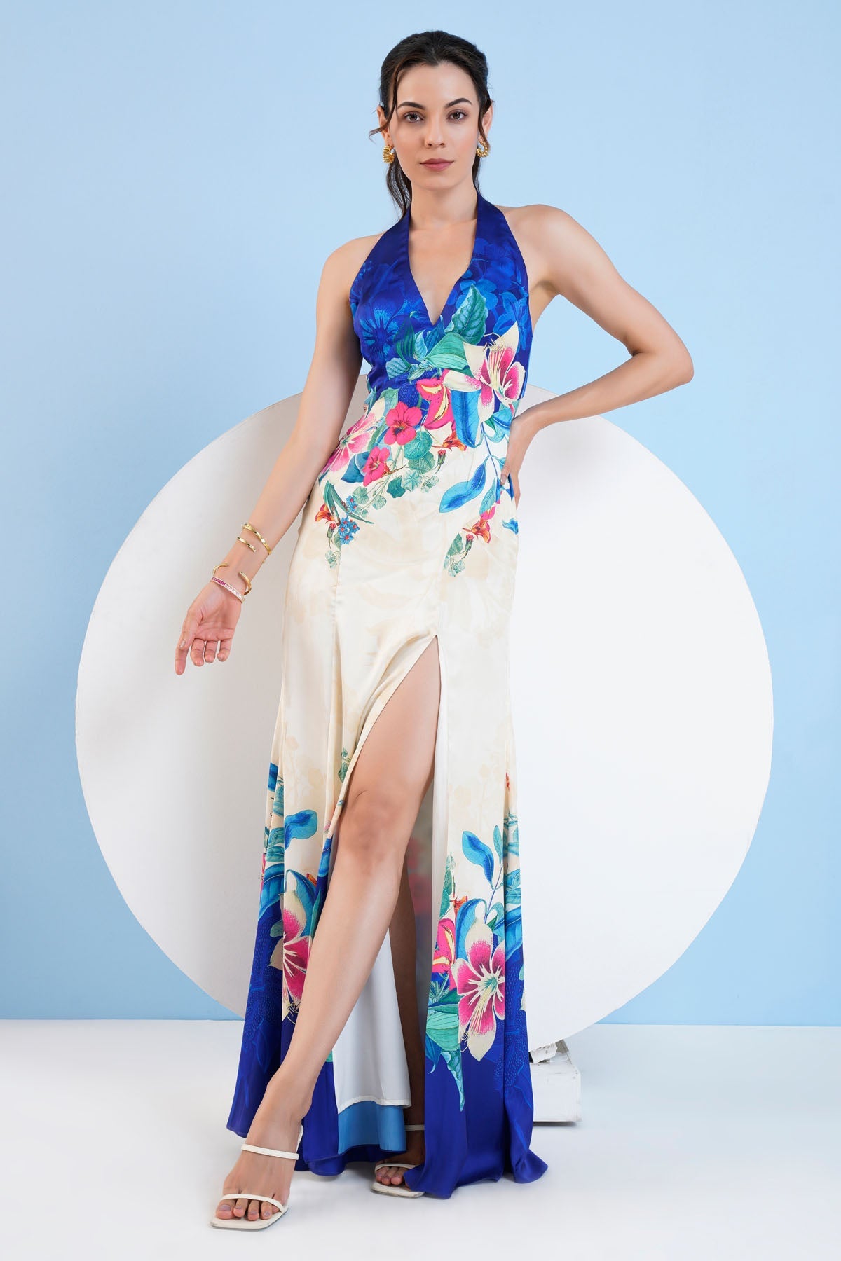 Buy Floral Print Halter Neck Dress by Mandira Wirk