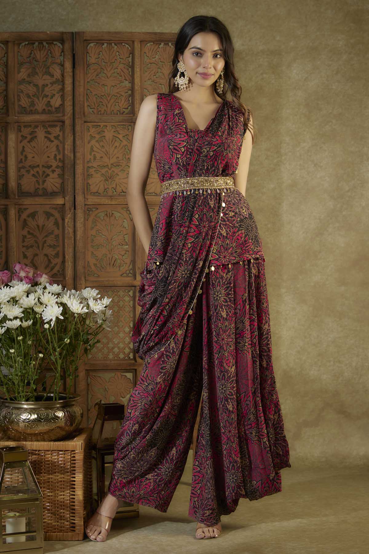 Floral Print Top & Pleated Dhoti