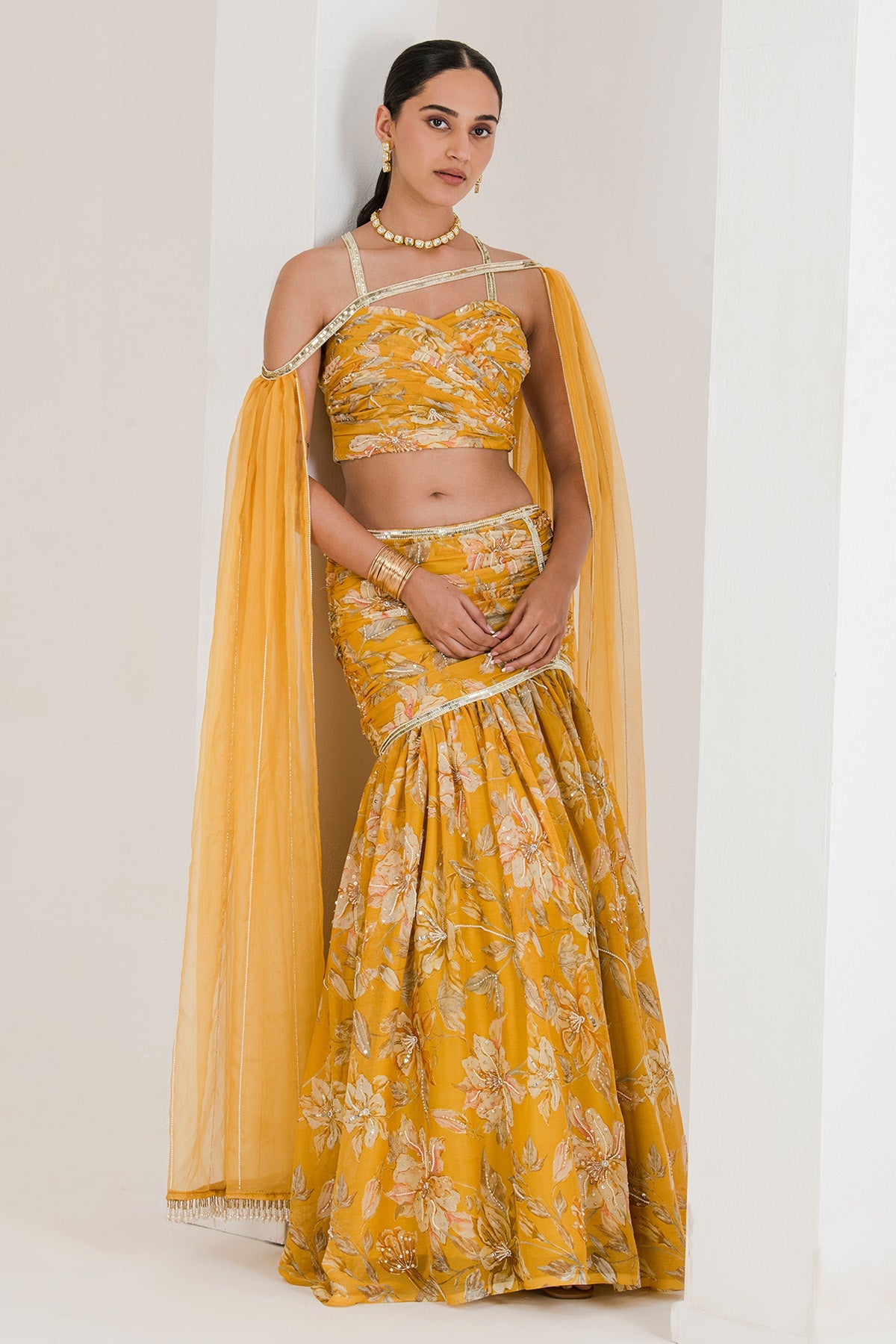 Buy Floral Print Yellow Lehenga Set by The Maive for women online at ScrollnShops
