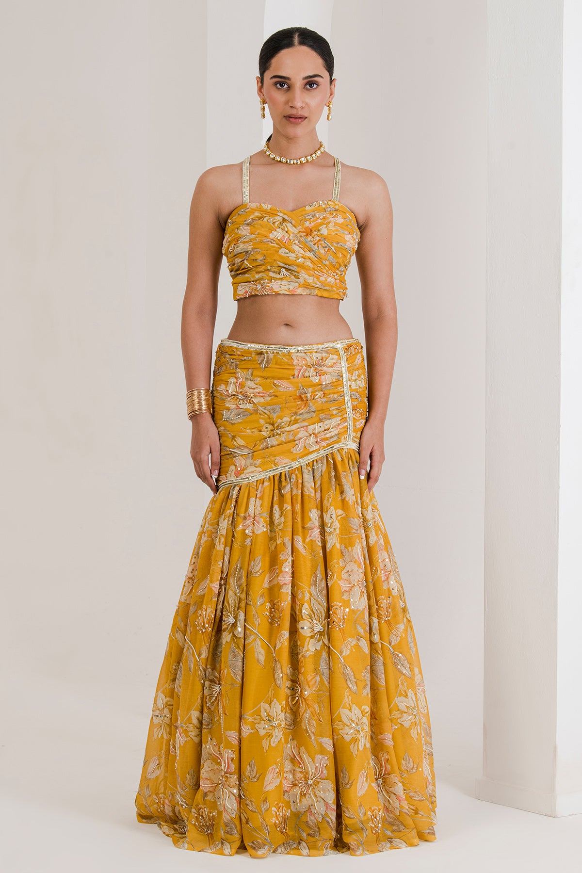 Floral Print Yellow Lehenga Set