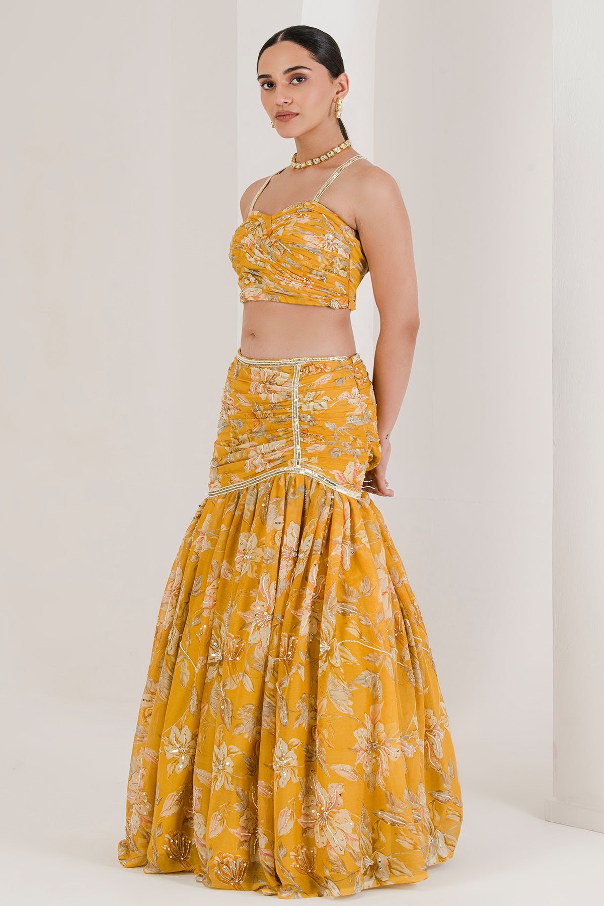 Floral Print Yellow Lehenga Set