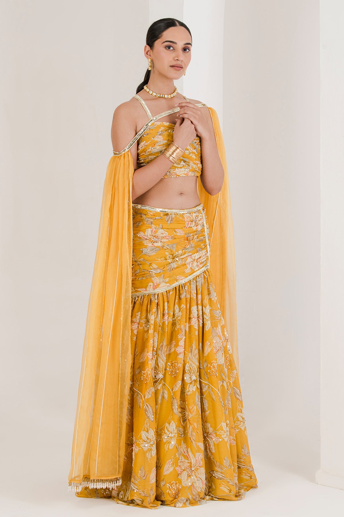 Floral Print Yellow Lehenga Set