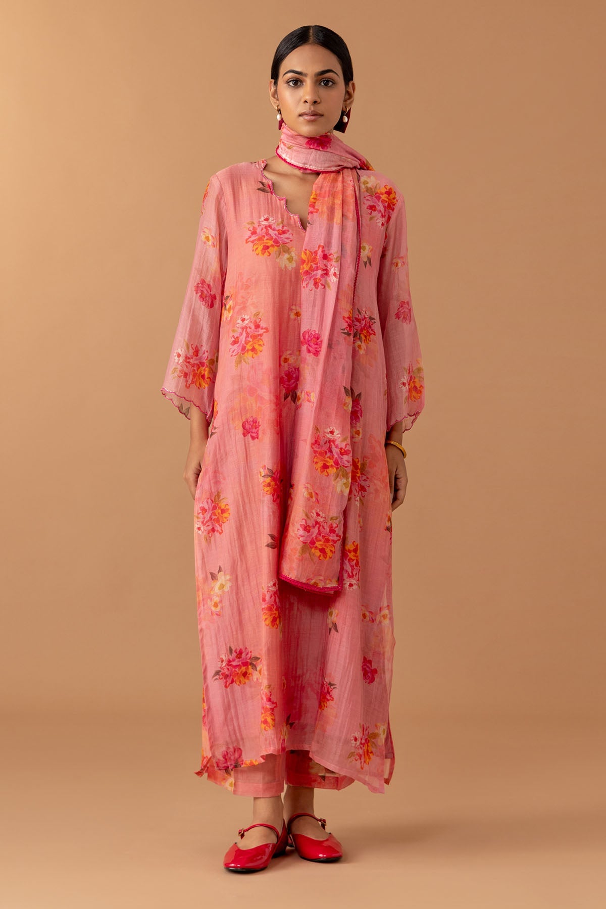 Juanita by Shubhda Floral Printed Pink Kurta Set for women online at ScrollnShops