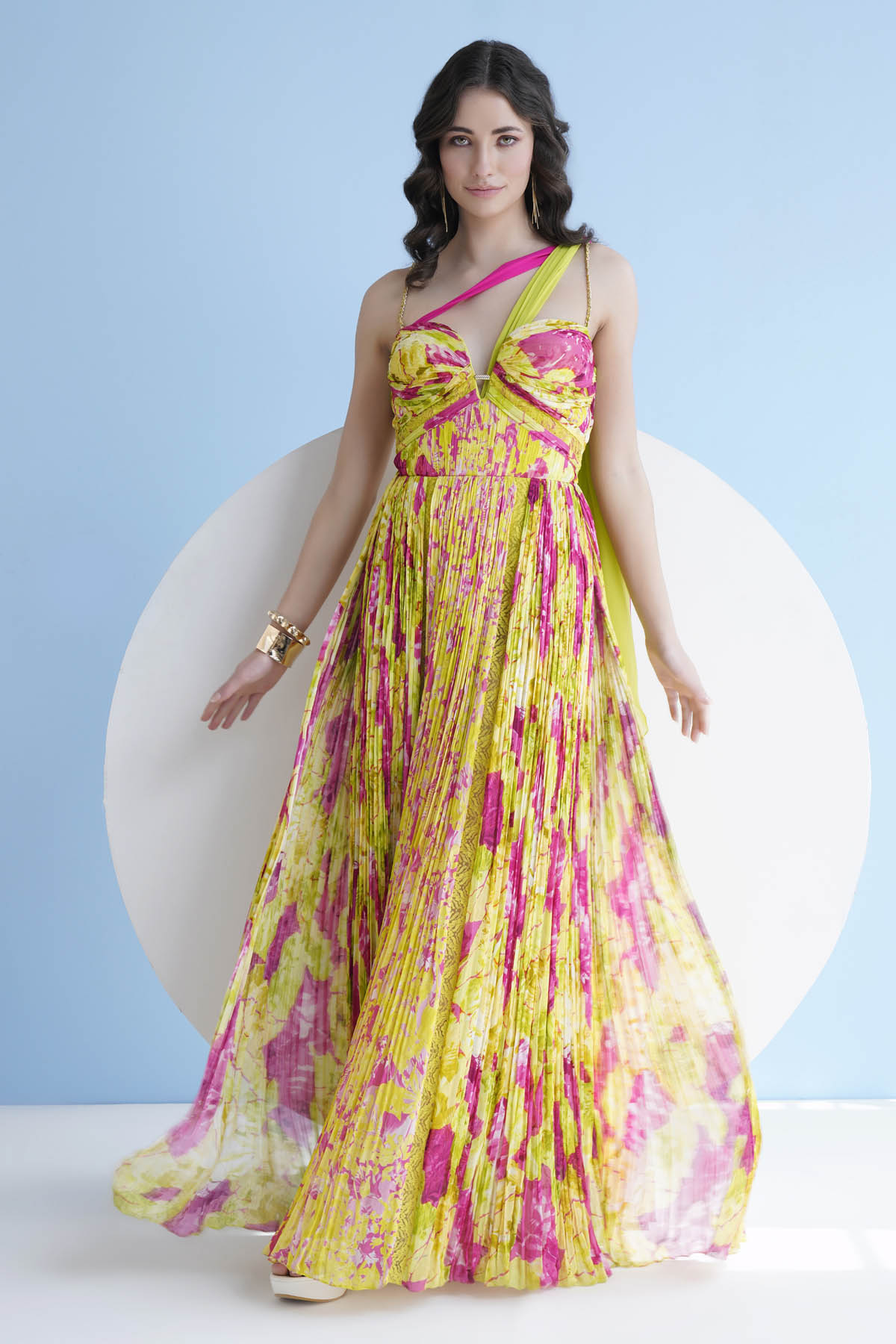 Buy Mandira Wirk Neon Oasis: Pleated Floral Chiffon Dress For Women at ScrollnShops