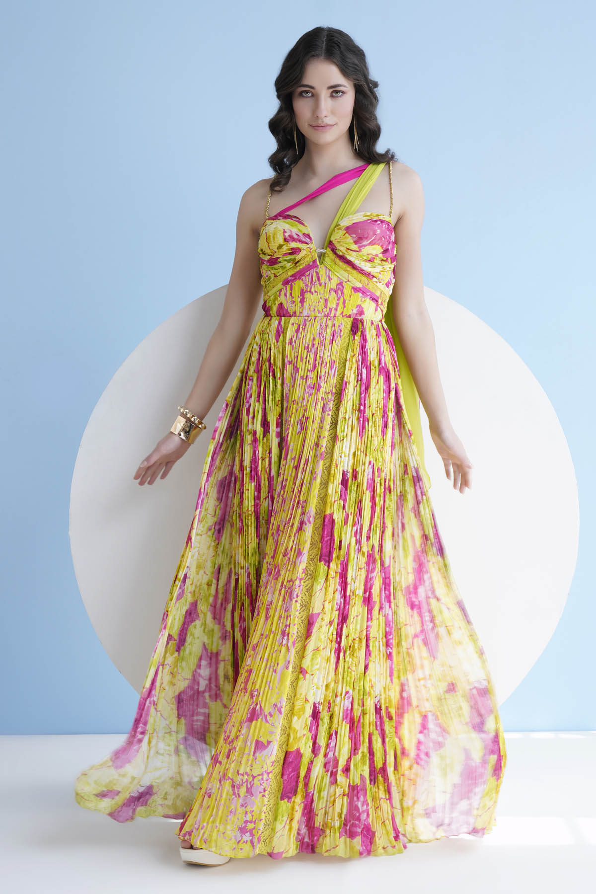 Buy Floral Printed Pleated Dress by Mandira Wirk