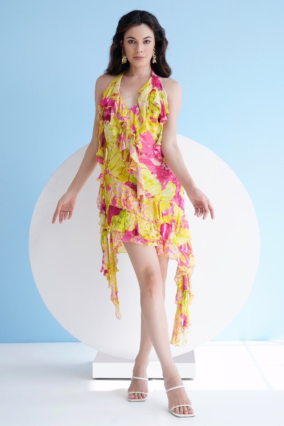 Buy Mandira Wirk Neon Jungle: Ruffled Halter Floral Dress For Women at ScrollnShops