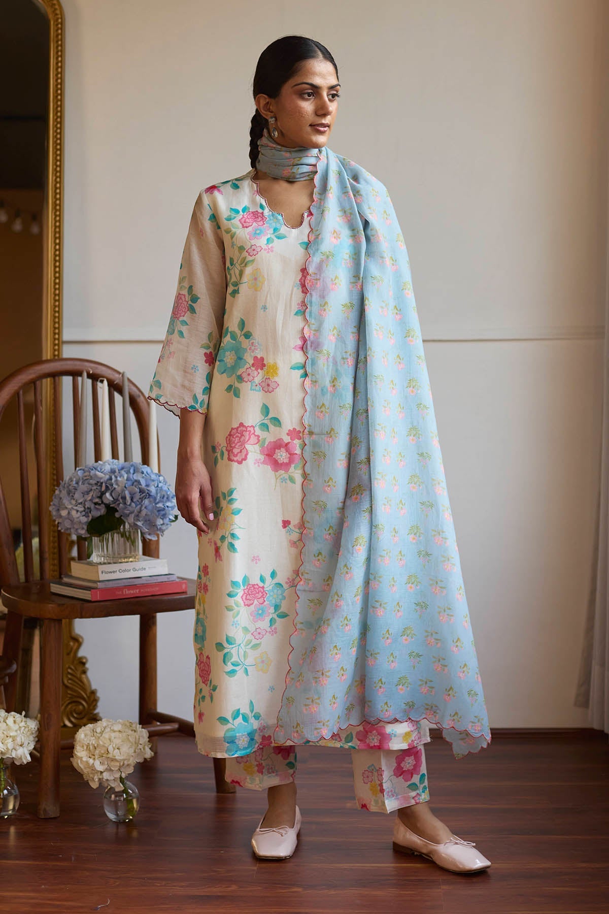 Buy Floral Resham Ivory Kurta Set by Juanita by Shubhda for women online at ScrollnShops