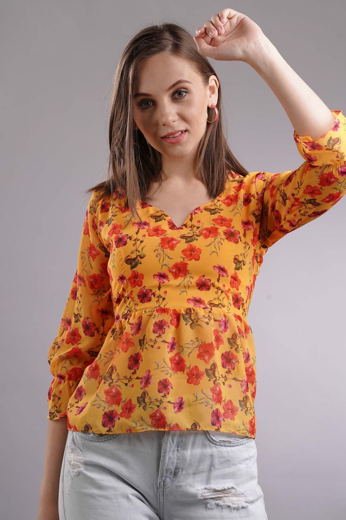 Buy 7teen12 Floral Ruffled 3/4th Sleeves Top Online at ScrollnShops