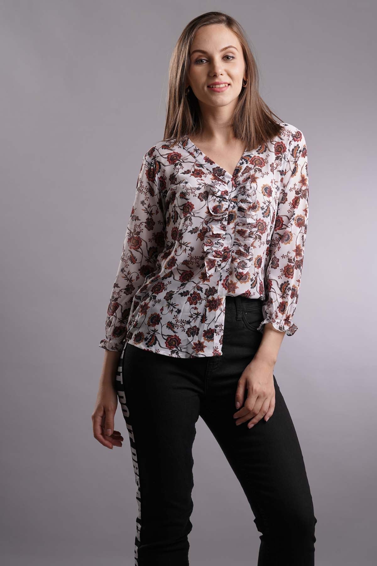 Buy 7teen12 Floral Ruffled Shirt Top Online at ScrollnShops