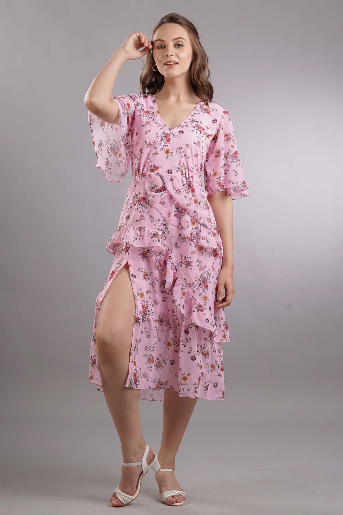 Buy 7teen12 Floral Ruffled Slit Midi Dress Online at ScrollnShops