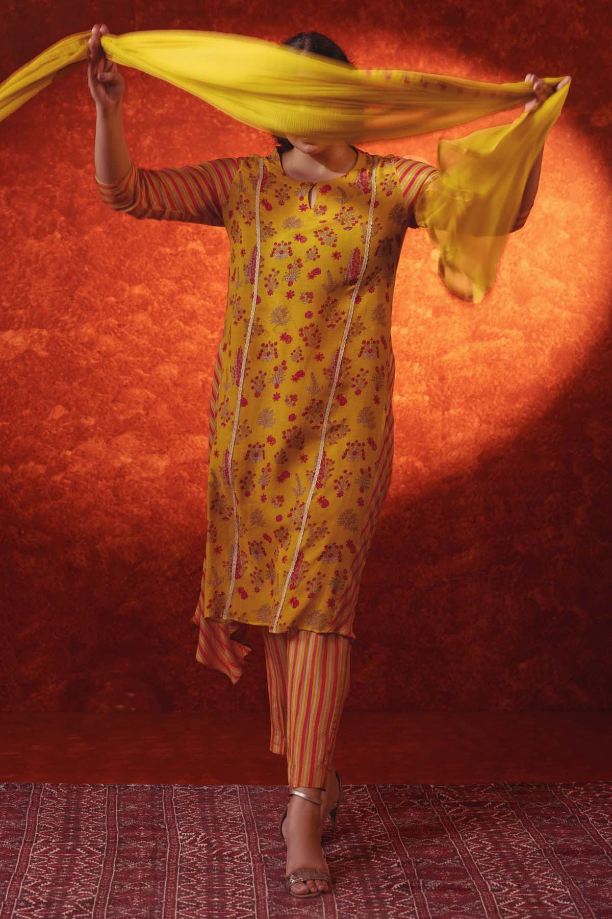 Floral & Stripe Print Kurta Set