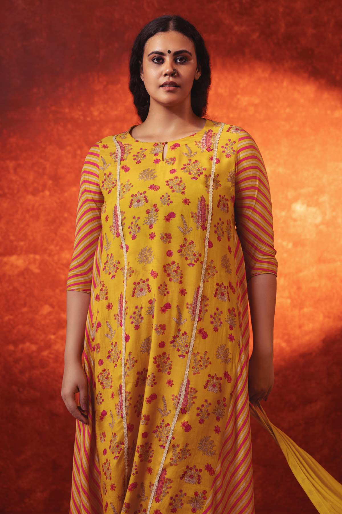 Floral & Stripe Print Kurta Set
