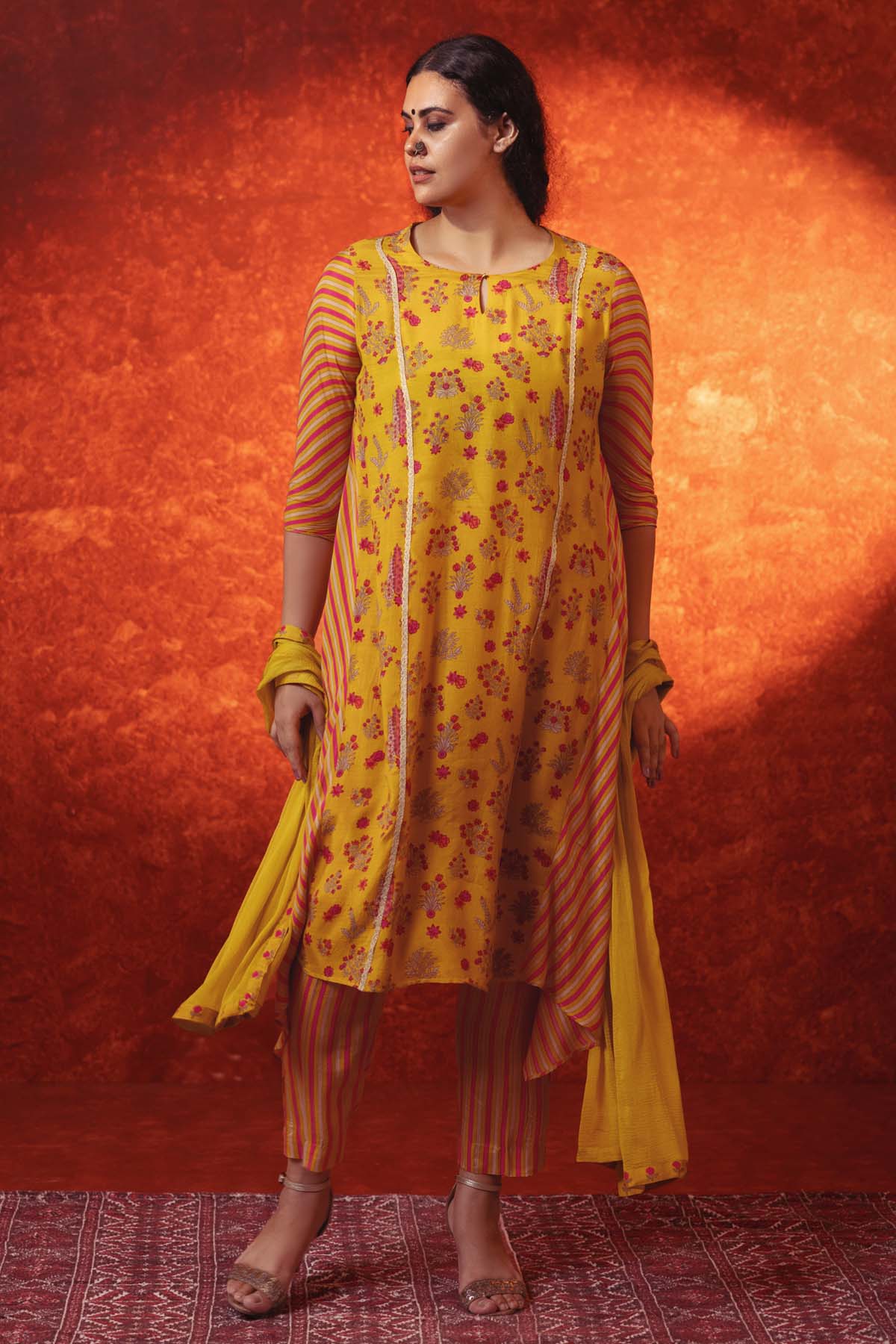 Floral & Stripe Print Kurta Set