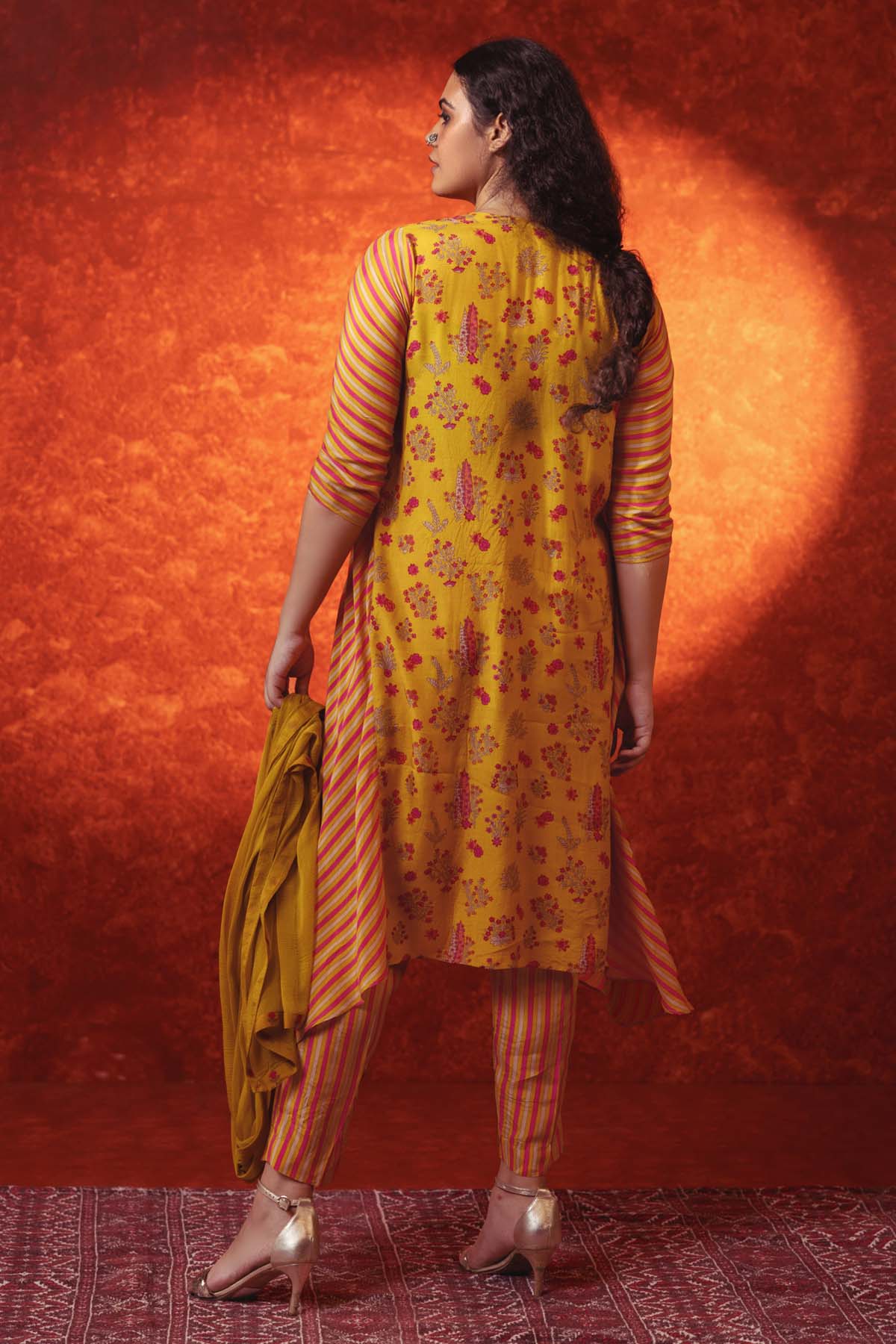 Floral & Stripe Print Kurta Set