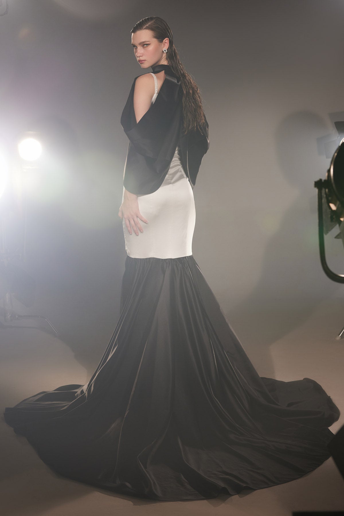 Flounce Gown With Batwing Drape