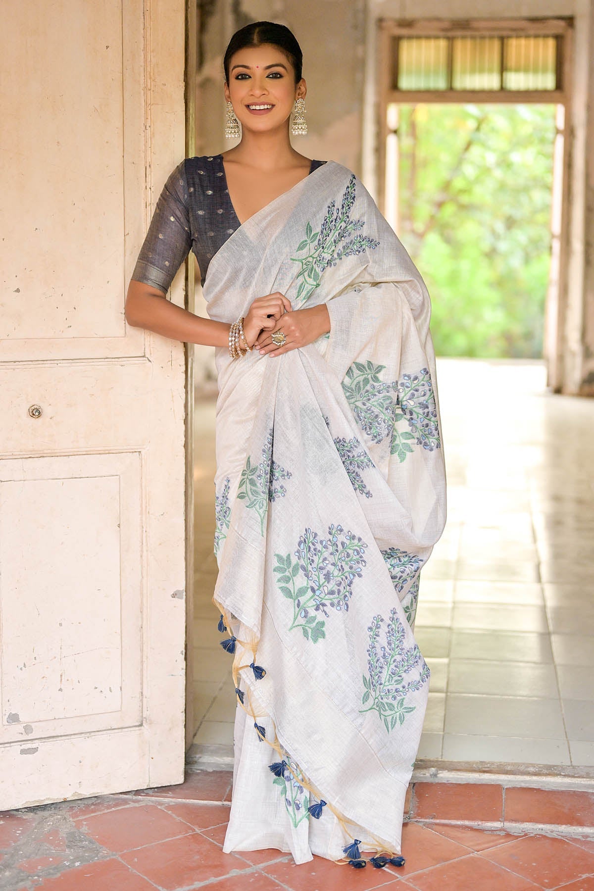 Buy Designer Flower Leaf Butta Cotton Saree Online