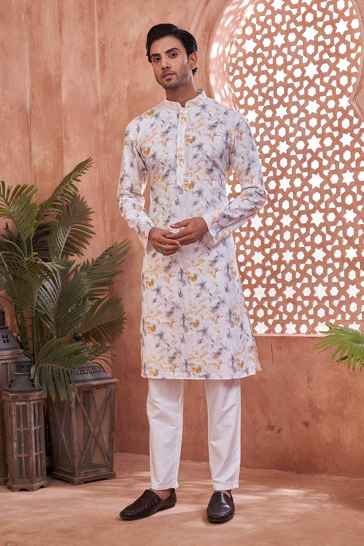 Buy Flower Leaf Print Cotton Kurta by SNEHA B - Men for online at ScrollnShops