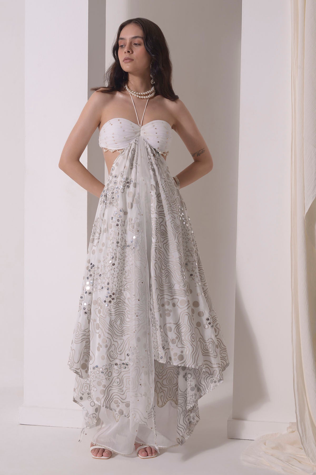 Ecru Foil Print Flared Tunic Set