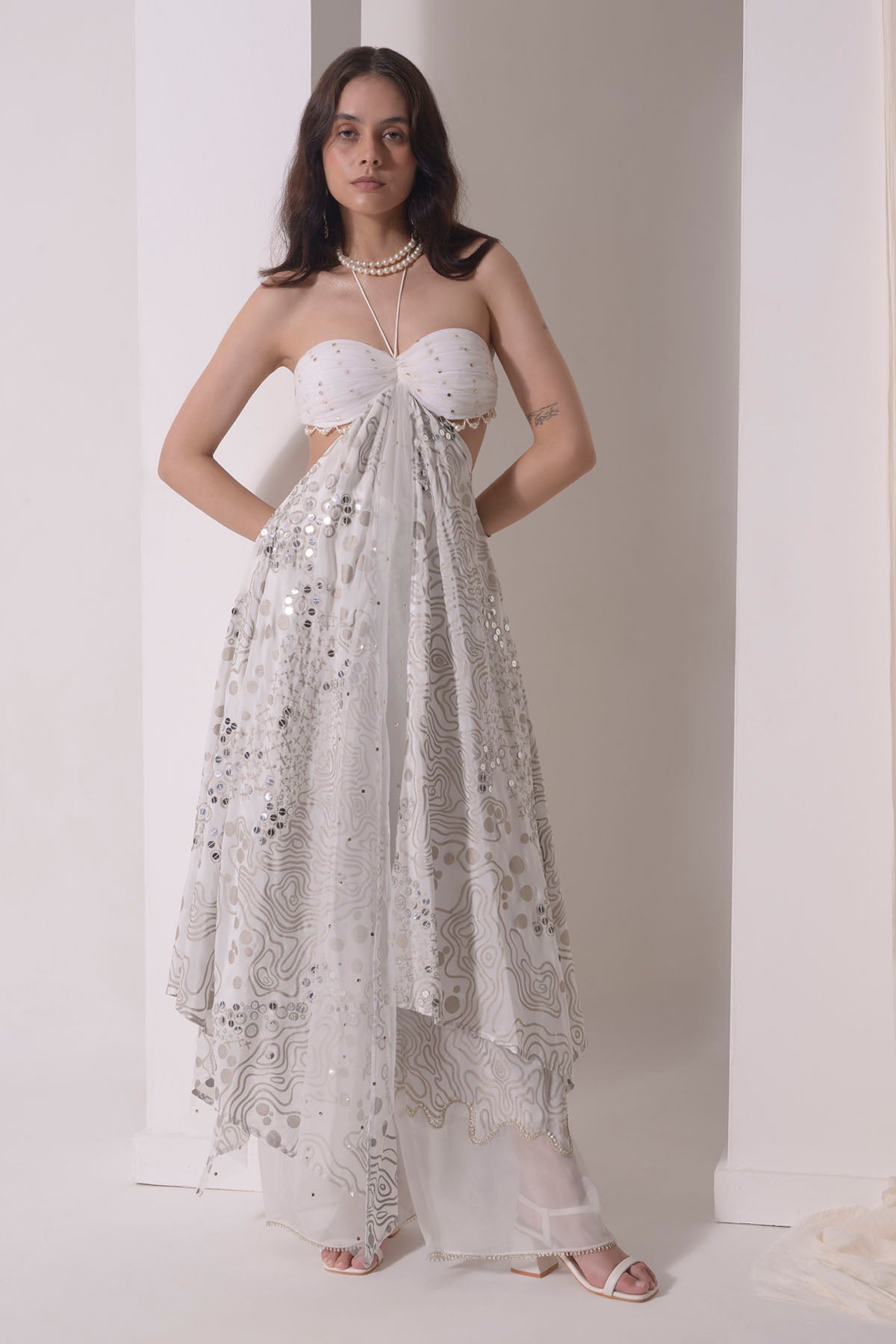 Ecru Foil Print Flared Tunic Set