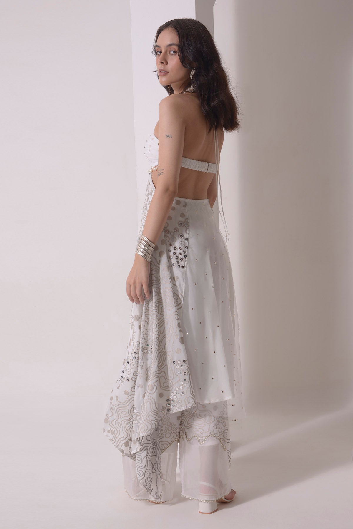 Ecru Foil Print Flared Tunic Set