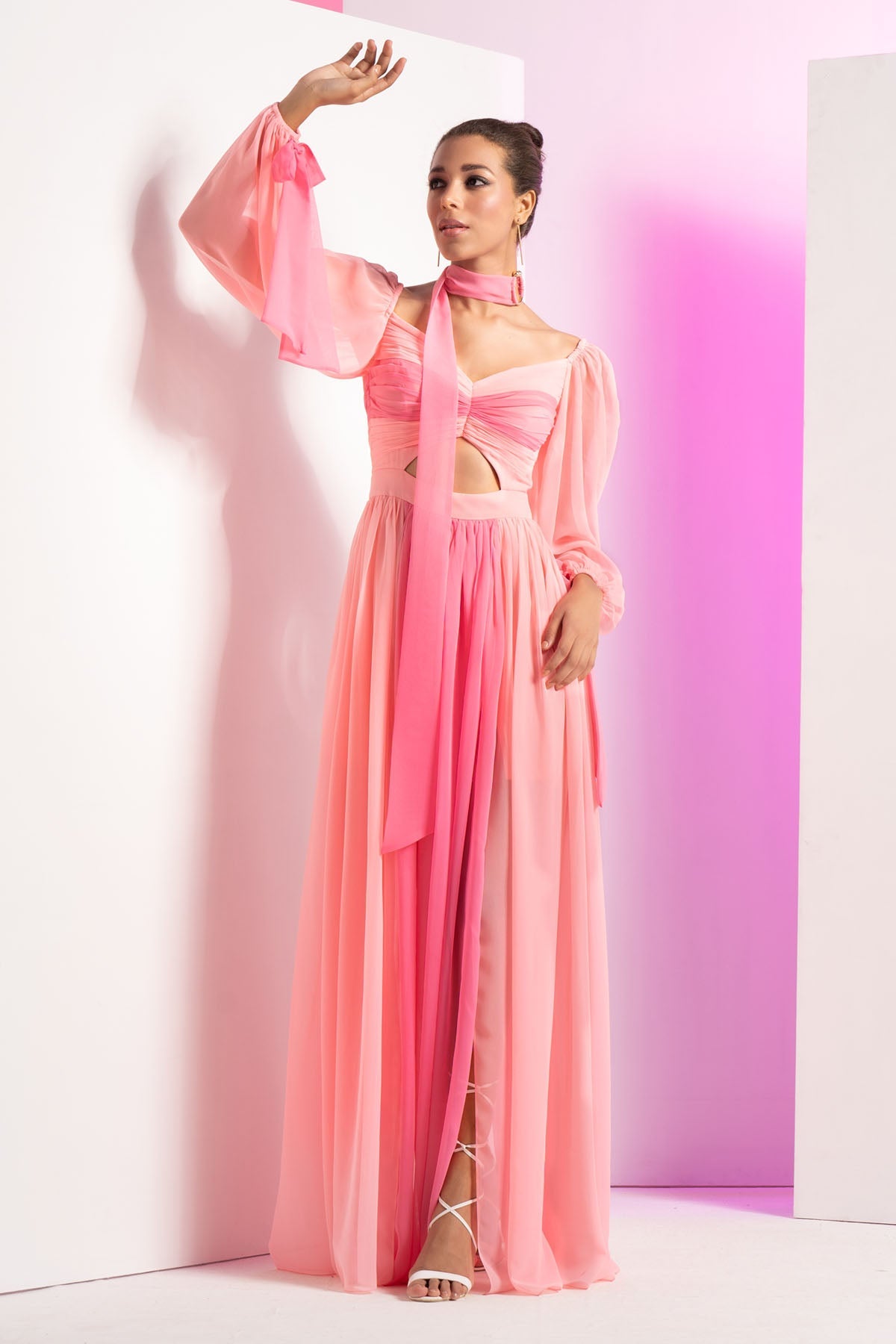 Buy Fondant Pink Georgette Dress by Mandira Wirk