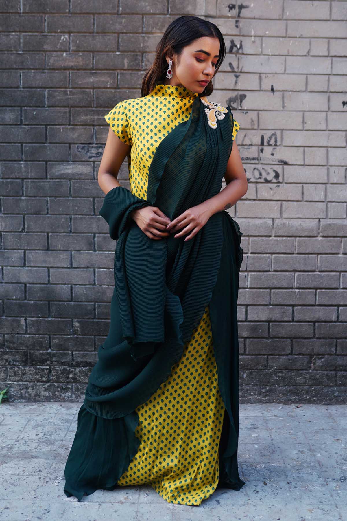 Forest Green Embroidered Saree Set