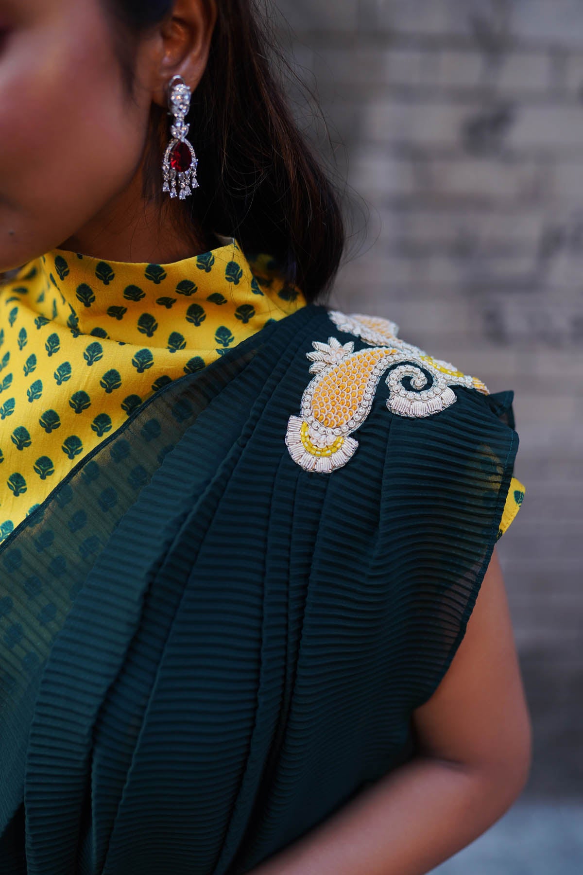 Forest Green Embroidered Saree Set