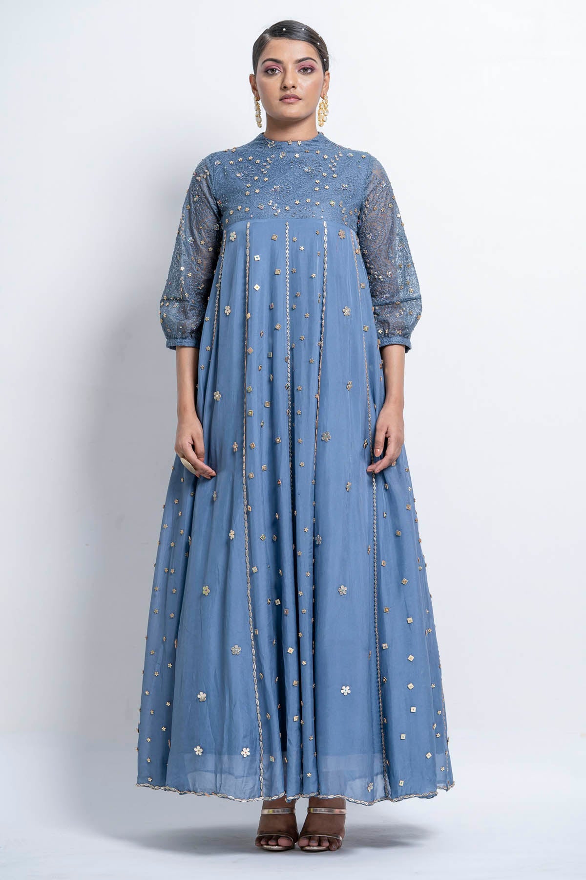 French Blue Embroidered Gown at ScrollnShops