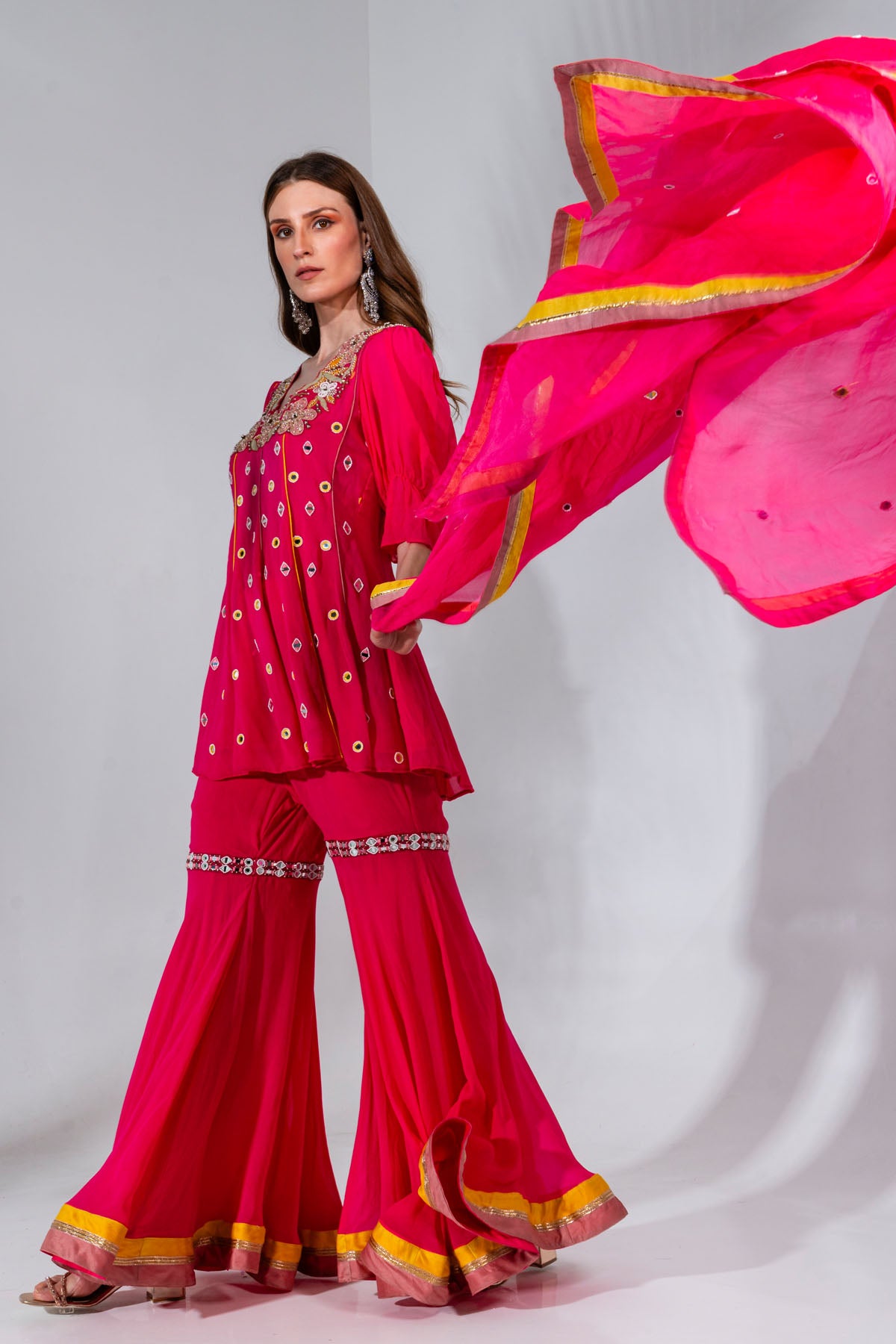 Fuchsia Mirror Kurta Gharara Set