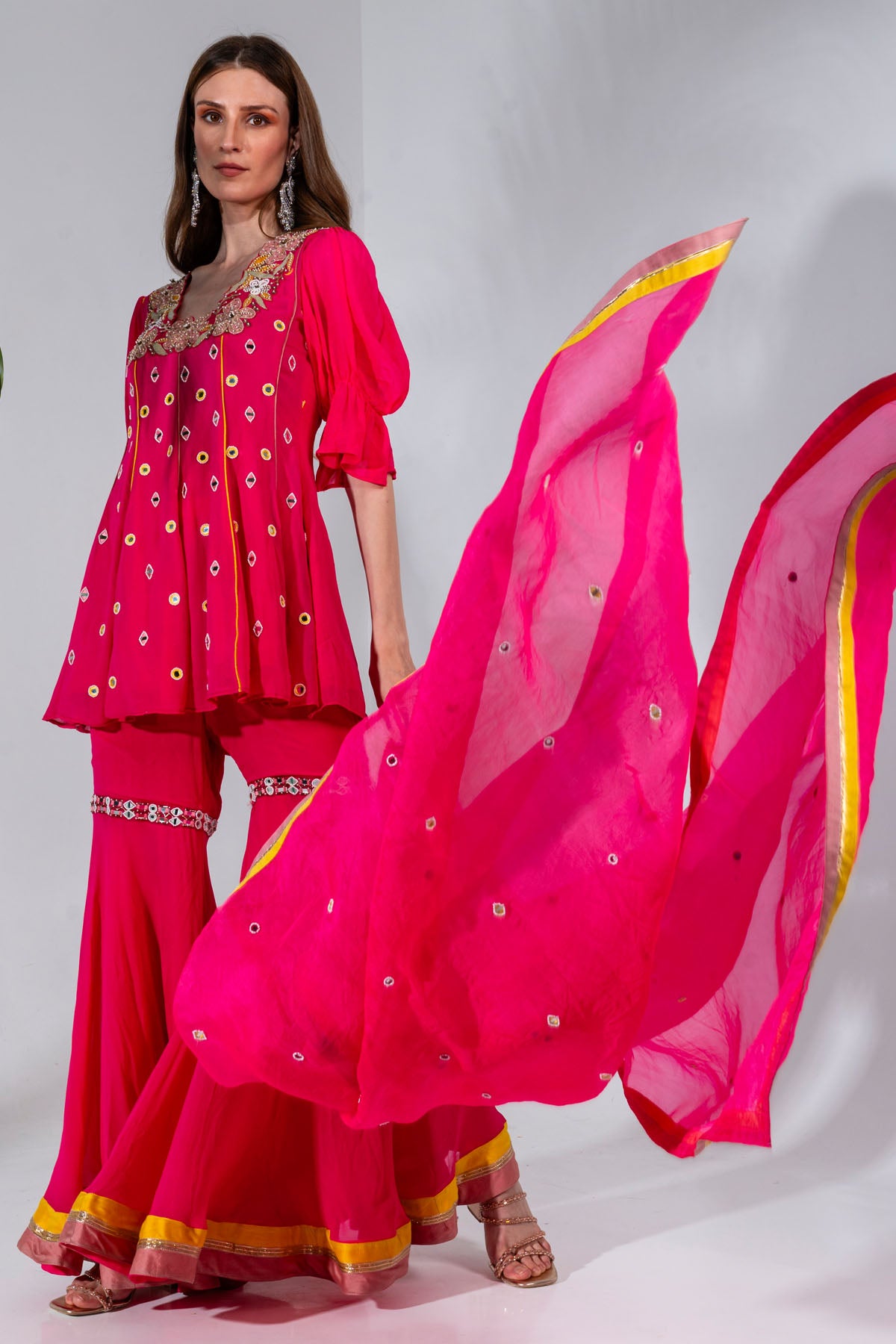 Fuchsia Mirror Kurta Gharara Set