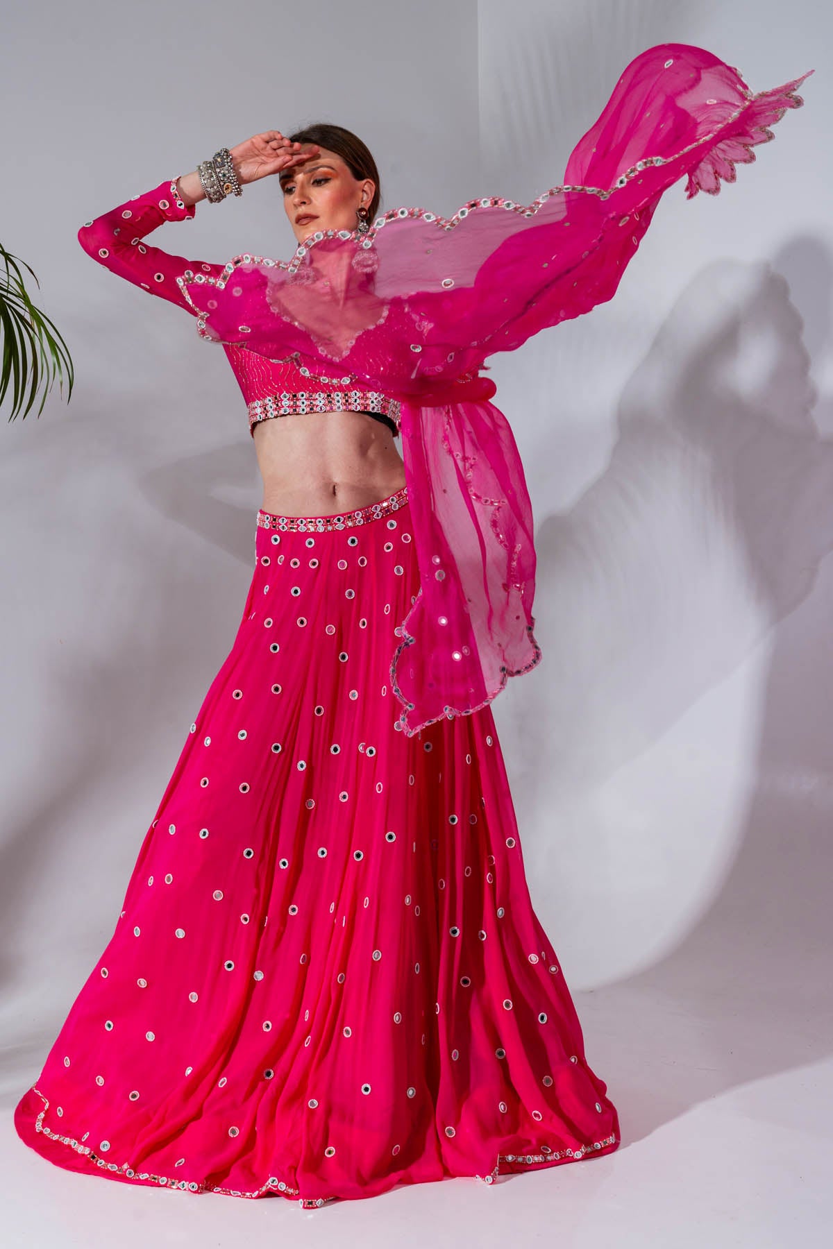 Fuchsia Mirror Work Lehenga Set