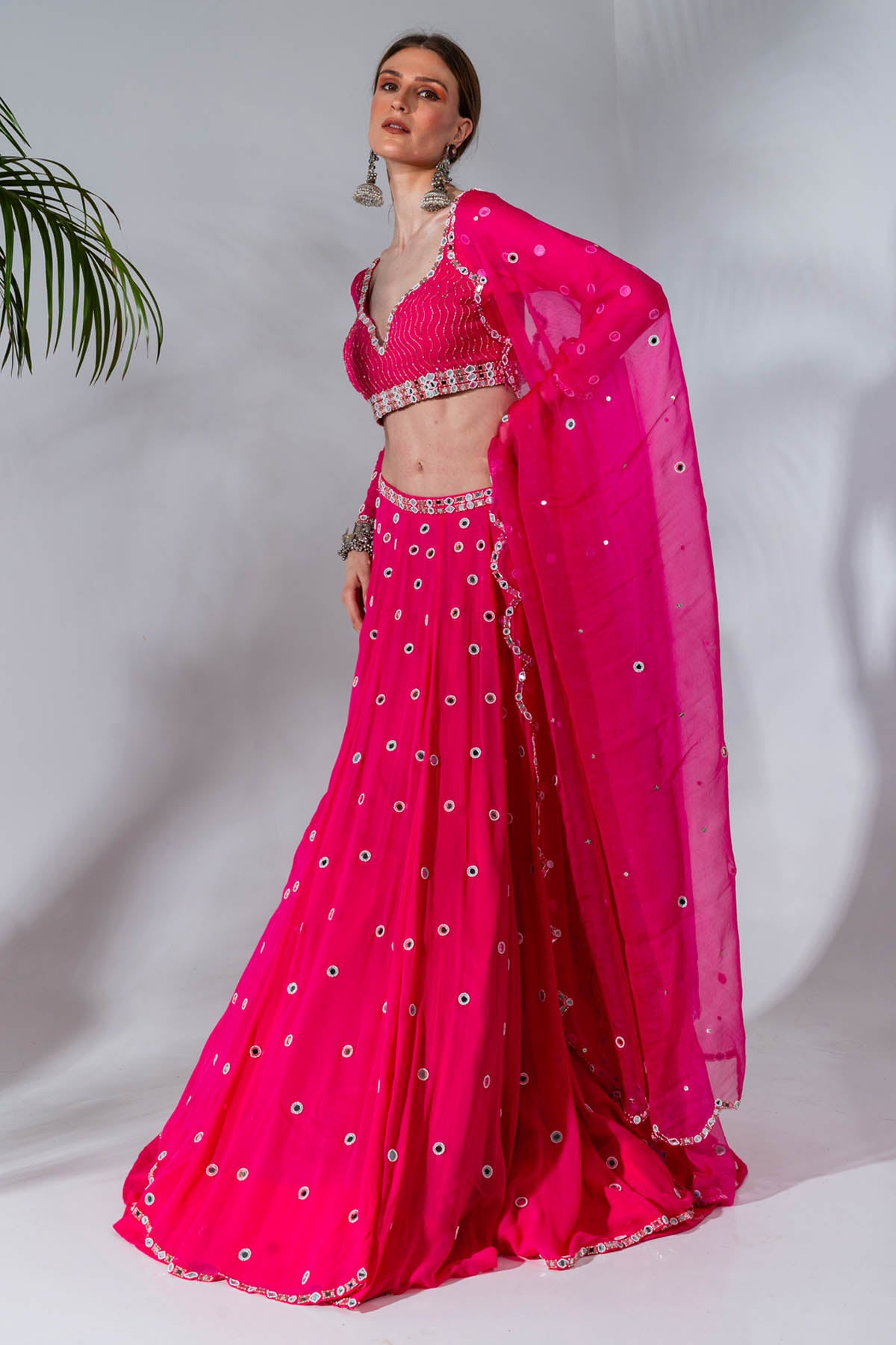 Fuchsia Mirror Work Lehenga Set
