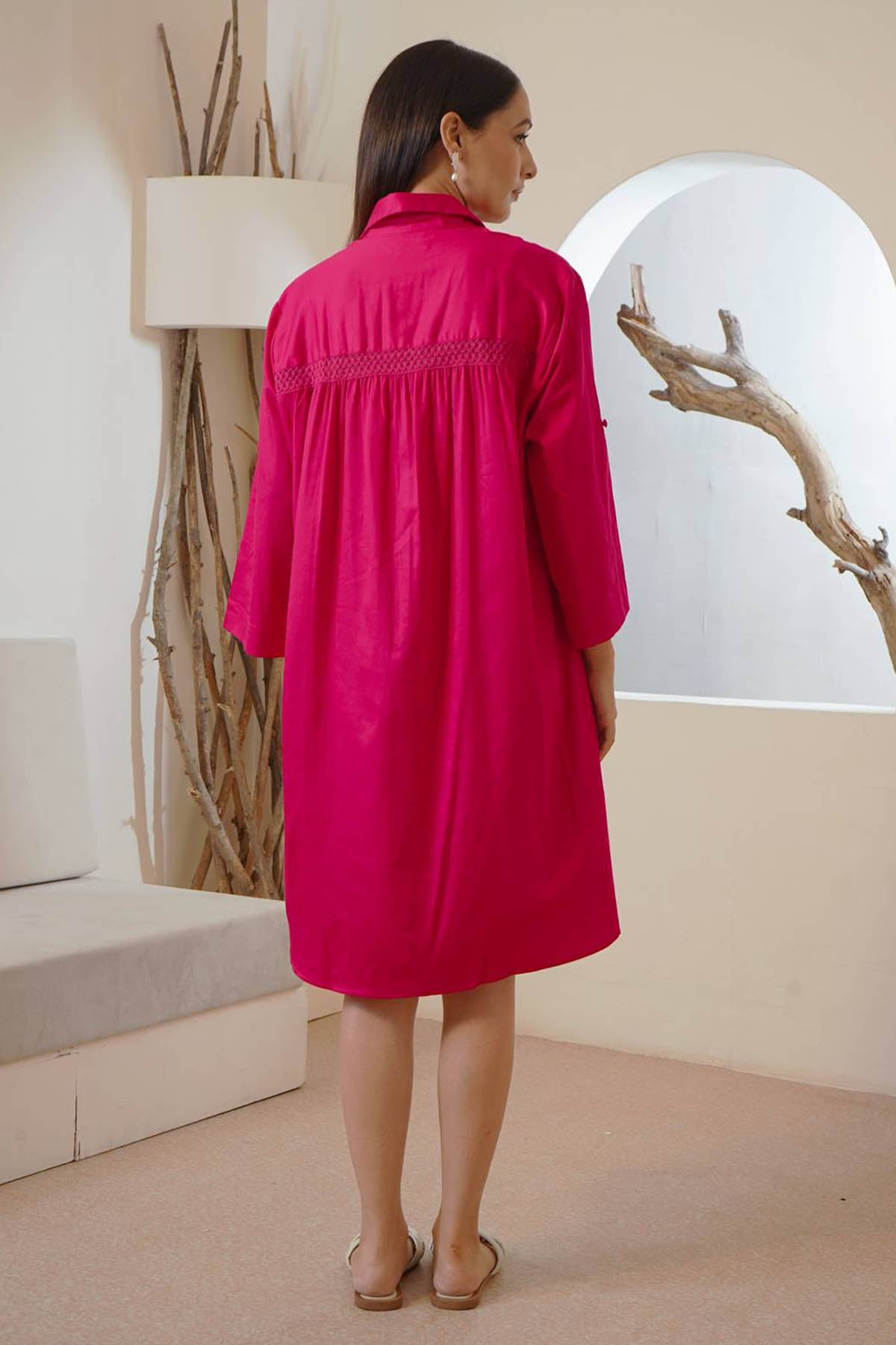 Fuchsia Pink Embroidered Shirt Dress