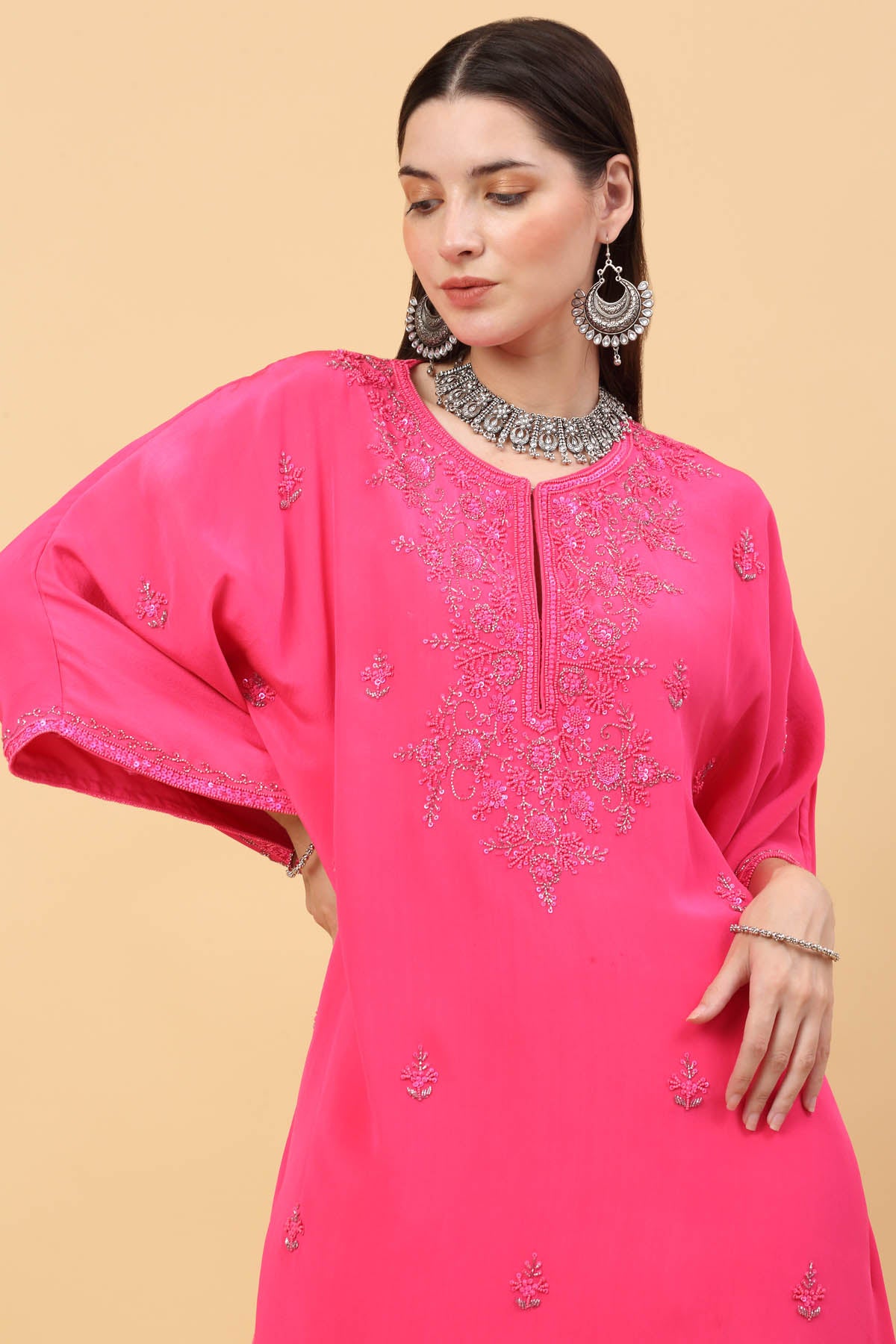 Fuchsia Pink Sequins Kaftan Set