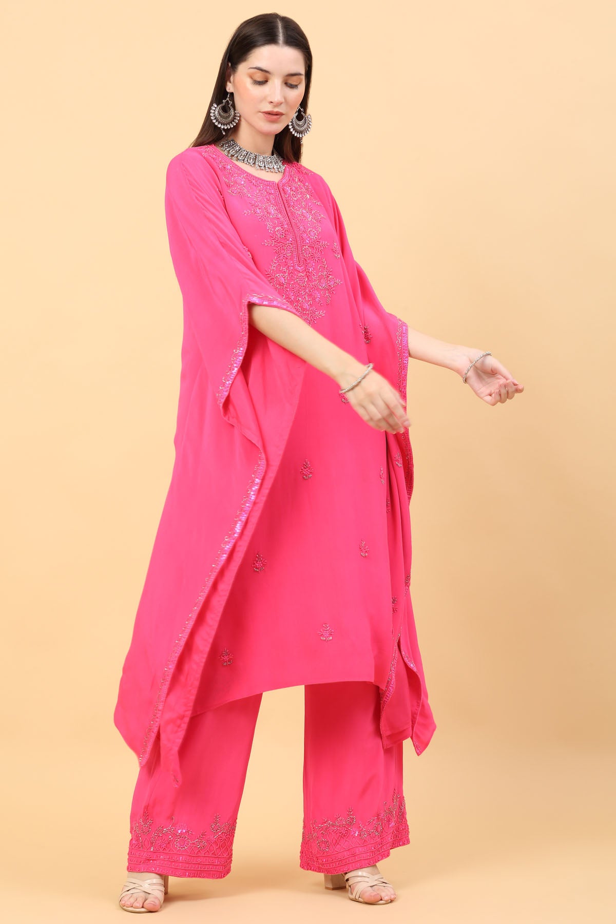 Fuchsia Pink Sequins Kaftan Set