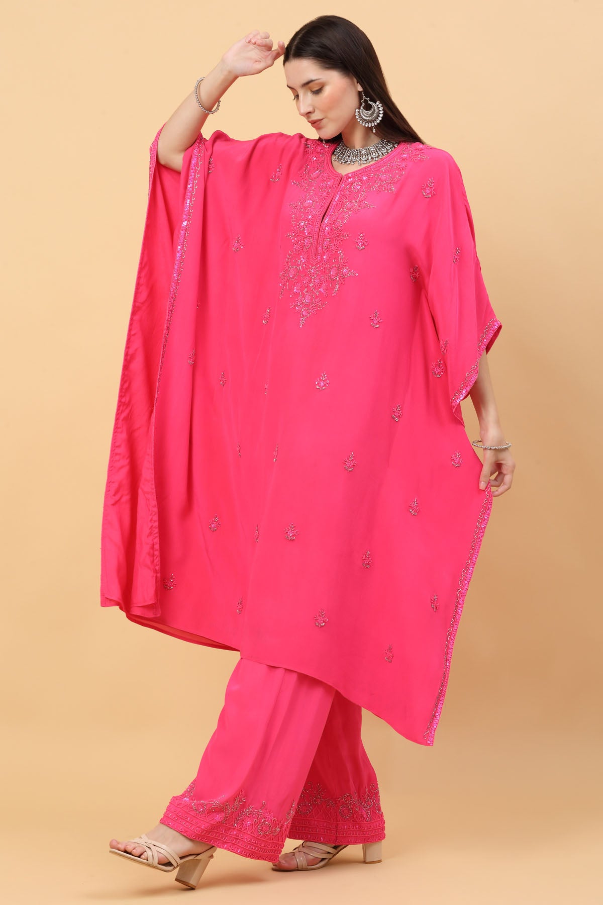 Fuchsia Pink Sequins Kaftan Set
