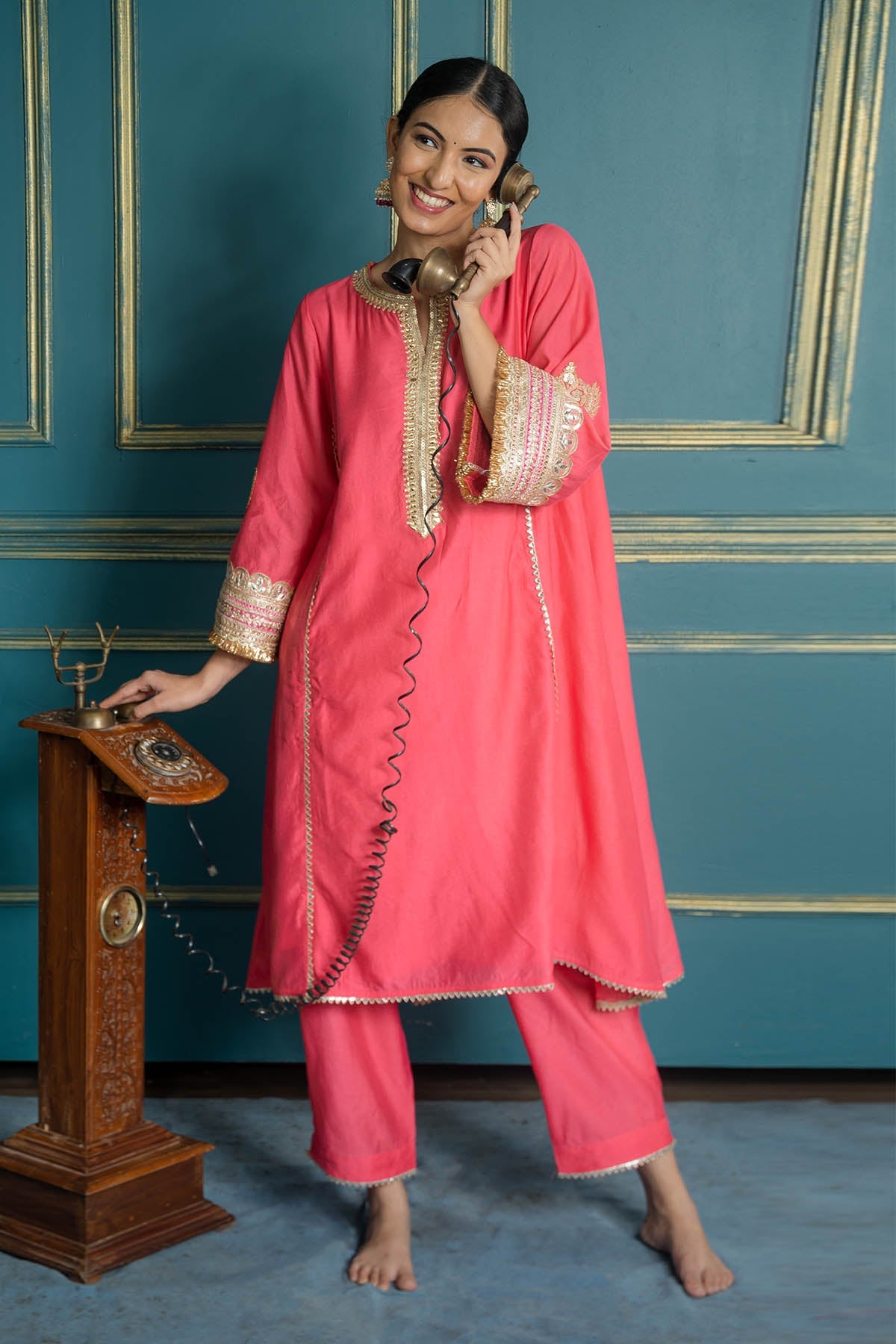 Buy Fuchsia Chanderi Lace Kurta Set by Shop Gulmohar for women online at ScrollnShops