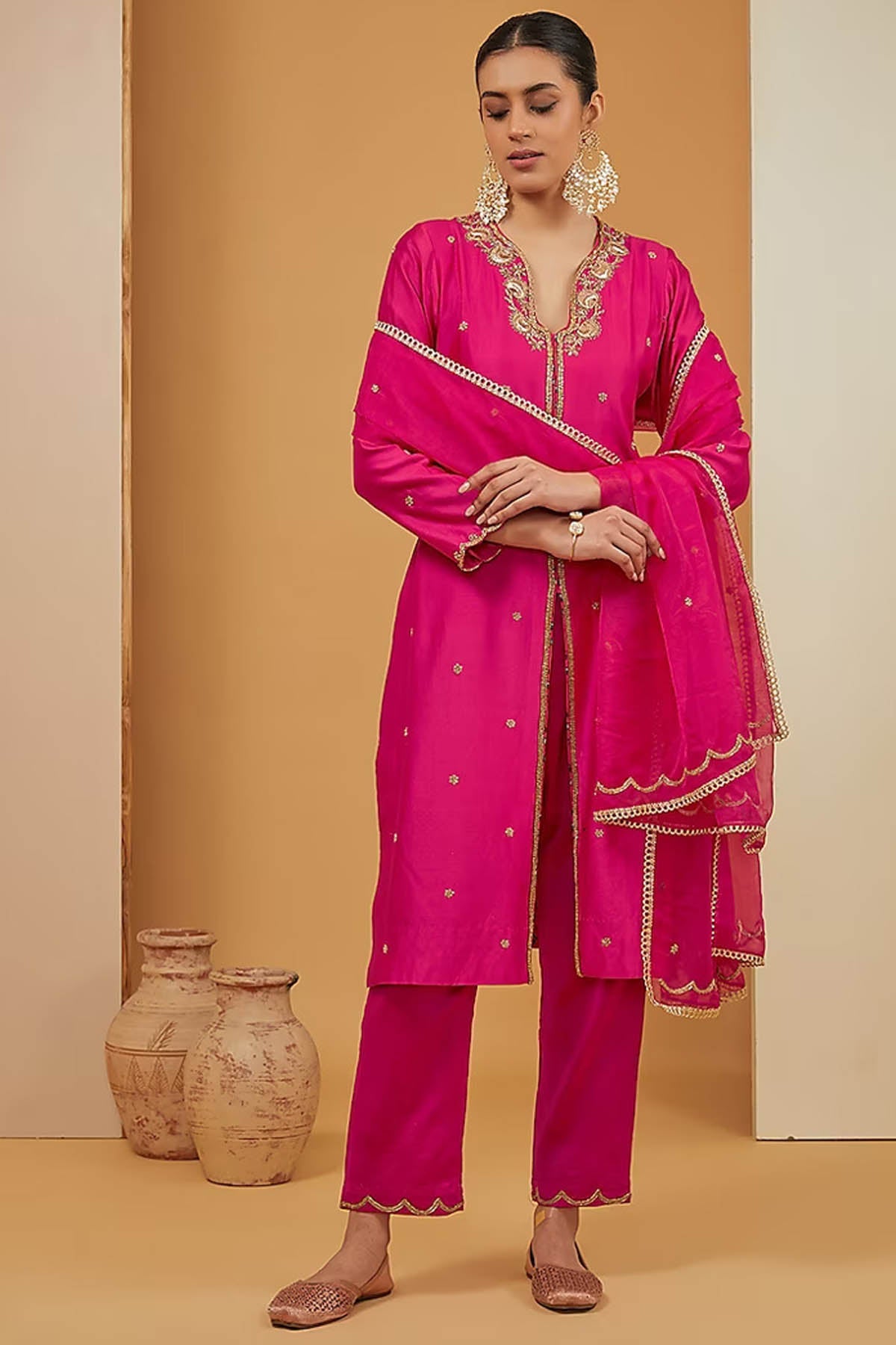 Designer Neha Khullar Fuchsia Chanderi Silk Kurta Set for Women Online