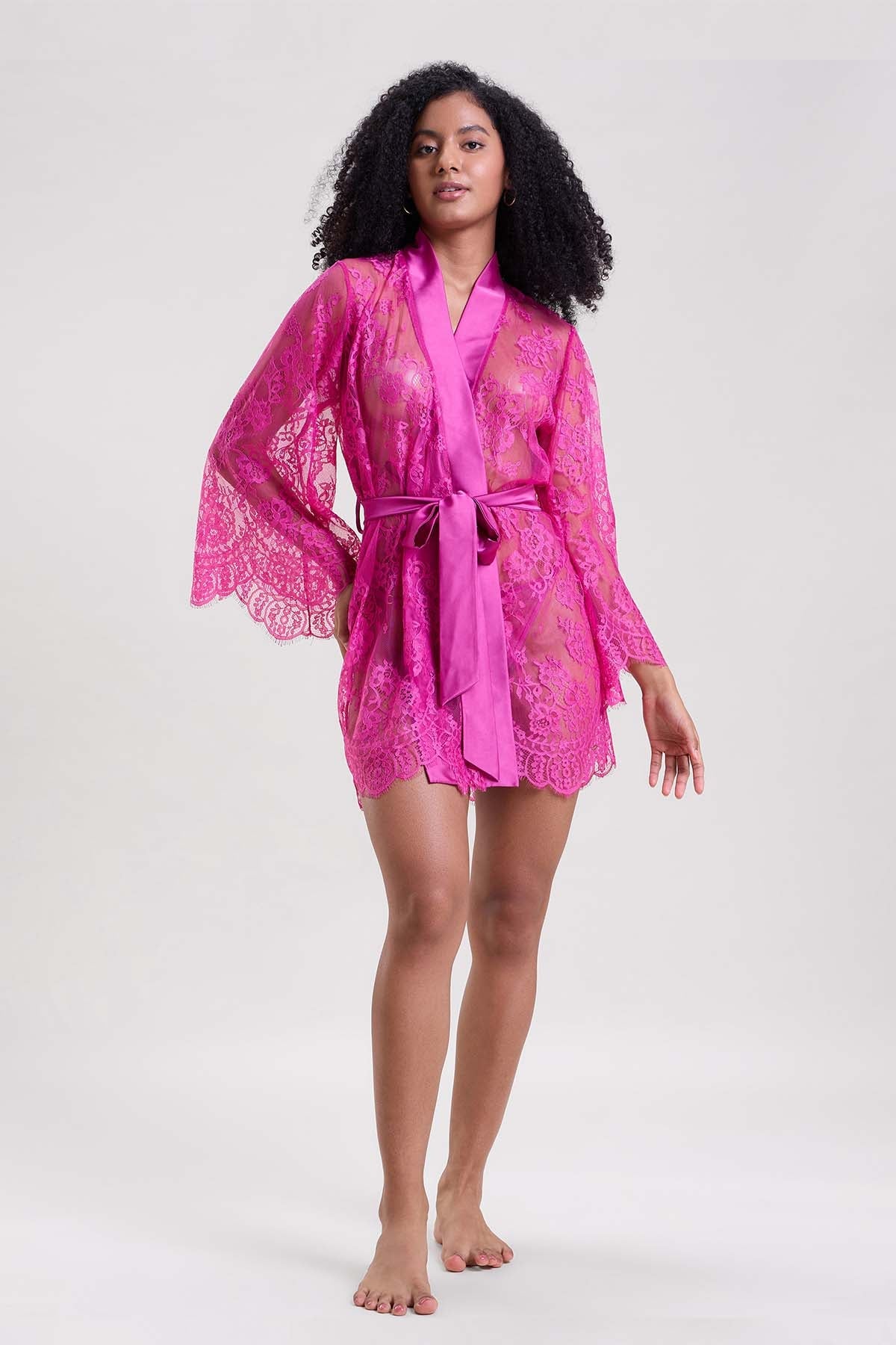 Buy Fuchsia Chantilly Lace Mini Robe by Mysthelle for women online at ScrollnShops