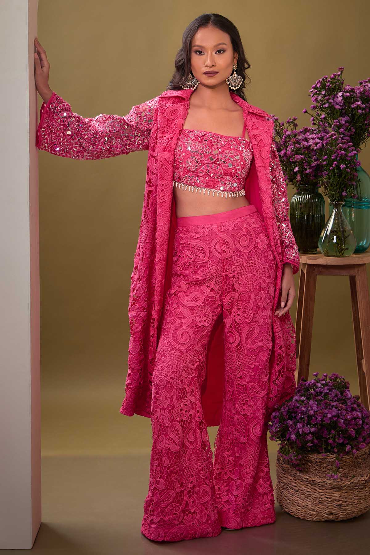 Aishwarya Tyagi Fuchsia Mirror Work Jacket Set for women online at ScrollnShops